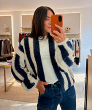 Load image into Gallery viewer, OVERSIZED OPEN FRONT STRIPED KNIT CARDIGAN - navy/white
