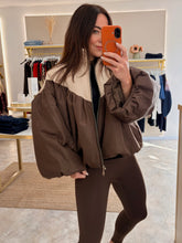 Load image into Gallery viewer, TWO TONE CHOCOLATE/CREAM PUFFER BOMBER JACKET
