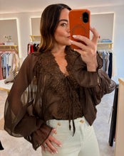 Load image into Gallery viewer, BROWN CHIFFON SHEER LACE TRIM BLOUSE
