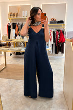 Load image into Gallery viewer, GOLD BROOCH DETAIL WIDE LEG JUMPSUIT - navy
