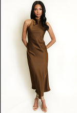 Load image into Gallery viewer, BROWN SATIN COWL NECK DRESS
