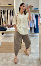 Load image into Gallery viewer, HEART EMBROIDERED STRIPE SHIRT WITH  ROLL UP BUTTON TAB SLEEVE - beige
