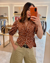 Load image into Gallery viewer, BROWN POLKA DOT TIE SHIRT/BLOUSE
