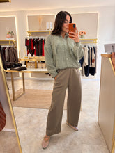 Load image into Gallery viewer, NECK TIE STRIPE KNIT CARDIGAN - khaki
