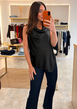 Load image into Gallery viewer, BLACK SATIN COWL NECK ASYMMETRICAL TOP
