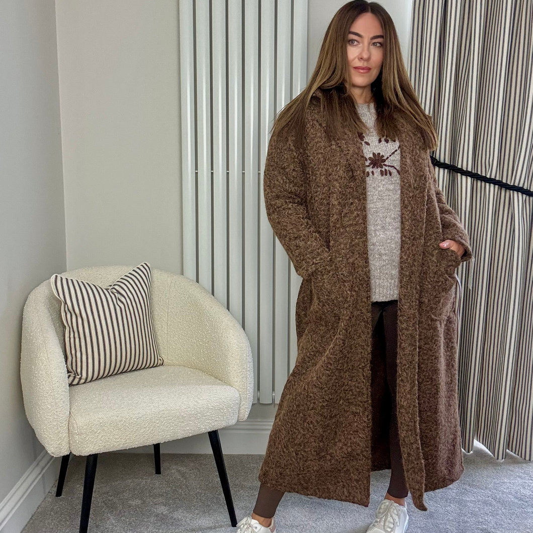 BROWN BELTED LONG COAT