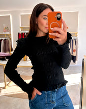 Load image into Gallery viewer, ULTRA SOFT SMOCKED FRILL KNIT TOP- black
