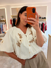 Load image into Gallery viewer, EMBROIDERED TIE FRONT BUBBLE HEM BLOUSE
