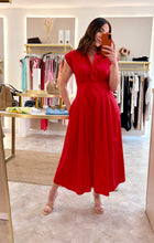 Load image into Gallery viewer, SHOULDER PAD CAP SLEEVE MIDI DRESS- red
