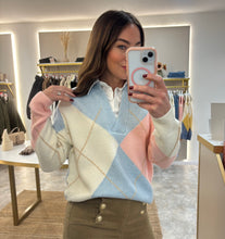 Load image into Gallery viewer, PASTEL V-NECK ARGYLE KNIT WITH SHIRT COLLAR DETAIL - blue
