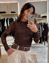 Load image into Gallery viewer, LINED CHOCOLATE SEQUIN MESH TOP
