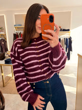 Load image into Gallery viewer, BURGUNDY/PINK STRIPE KNIT CARDIGAN
