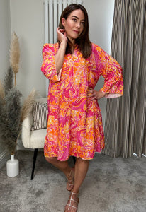 ABSTRACT OVERSIZED TUNIC DRESS - orange/pink