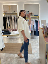 Load image into Gallery viewer, HEART EMBROIDERED STRIPE SHIRT WITH  ROLL UP BUTTON TAB SLEEVE - beige
