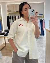 Load image into Gallery viewer, HEART EMBROIDERED STRIPE SHIRT WITH  ROLL UP BUTTON TAB SLEEVE - beige
