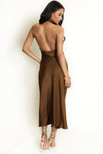 Load image into Gallery viewer, BROWN SATIN COWL NECK DRESS
