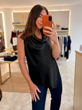 Load image into Gallery viewer, BLACK SATIN COWL NECK ASYMMETRICAL TOP
