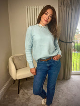 Load image into Gallery viewer, BABY BLUE EMBELLISHED FRILL NECK KNIT
