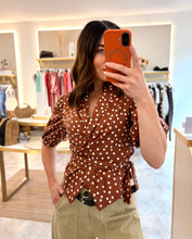 Load image into Gallery viewer, BROWN POLKA DOT TIE SHIRT/BLOUSE
