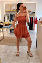 Load image into Gallery viewer, STRAPLESS SHIRRED FRILL PLAYSUIT- terracotta

