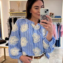 Load image into Gallery viewer, BLUE STRIPE EMBROIDERED GRANDAD COLLAR SHIRT
