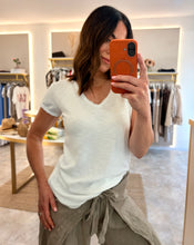 Load image into Gallery viewer, WHITE RAW EDGE SLEEVE                V- NECK TEE

