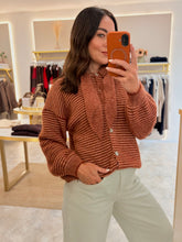 Load image into Gallery viewer, NECK TIE STRIPE KNIT CARDIGAN - rust
