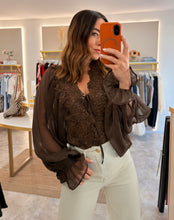 Load image into Gallery viewer, BROWN CHIFFON SHEER LACE TRIM BLOUSE

