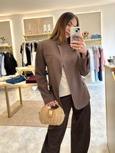 Load image into Gallery viewer, BROWN PINSTRIPE HIGH NECK BLAZER
