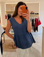 Load image into Gallery viewer, LINEN PEPLUM TOP- navy
