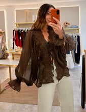 Load image into Gallery viewer, BROWN CHIFFON SHEER LACE TRIM BLOUSE
