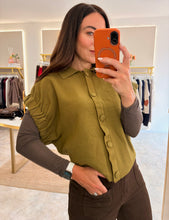 Load image into Gallery viewer, RUCHED SLEEVE BUTTON DETAIL KNIT- olive
