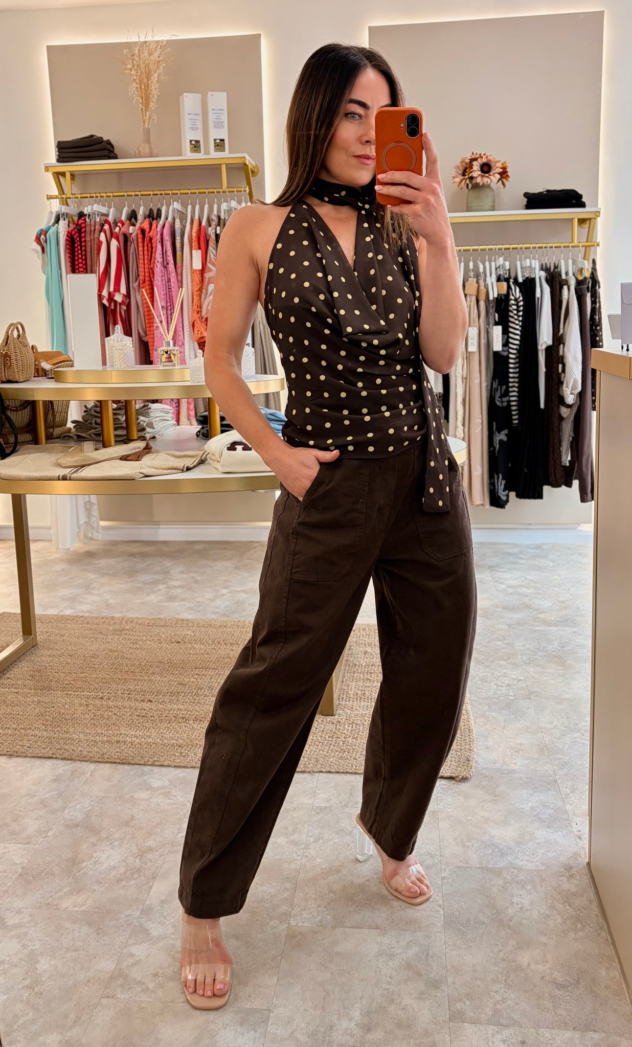 Load image into Gallery viewer, HALTER NECK POLKA DOT TOP (chocolate/yellow)
