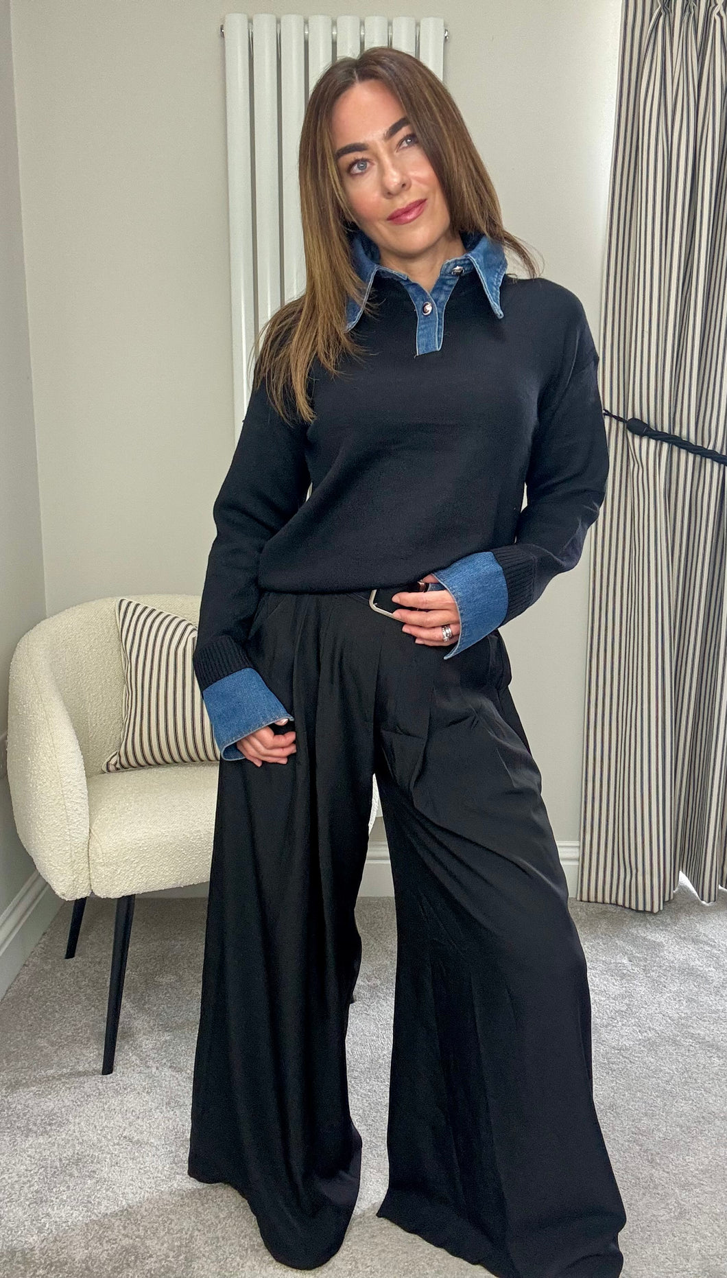 BELTED WIDE LEG TROUSERS - BLACK