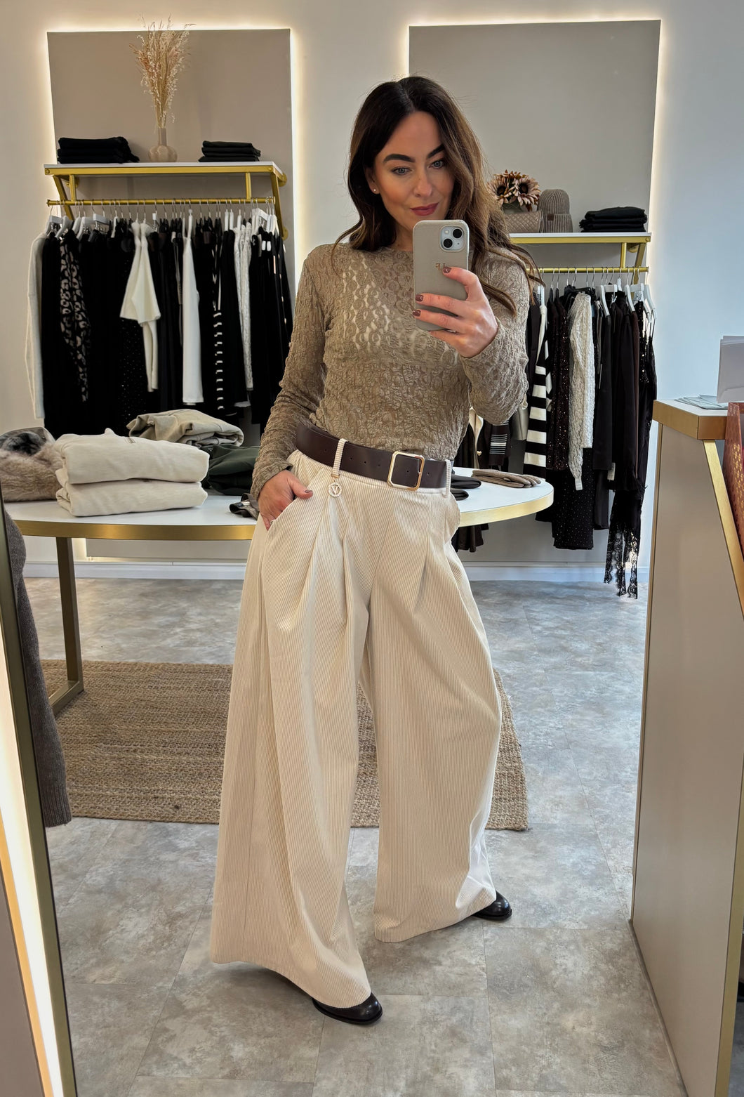 CREAM CORDUROY WIDE LEG TROUSERS