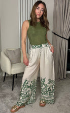 Load image into Gallery viewer, GREEN PATTERN WIDE LEG ELASTICATED WAIST TROUSERS
