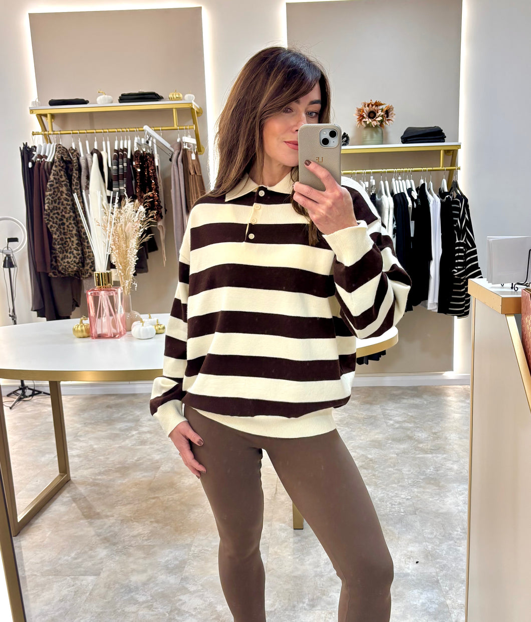 BROWN CREAM BUTTON DETAIL KNIT