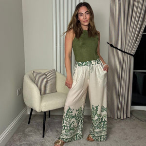 GREEN PATTERN WIDE LEG ELASTICATED WAIST TROUSERS