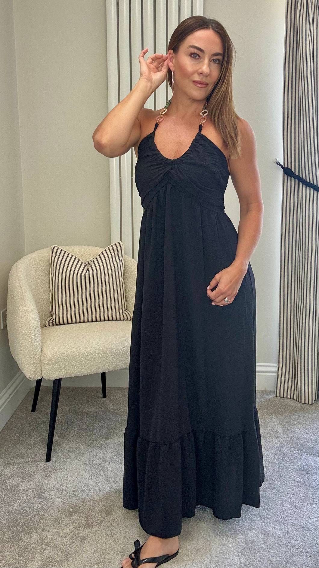 HALTERNECK NECKLACE DETAIL DRESS-BLACK
