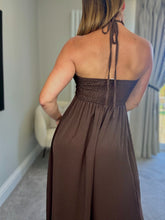 Load image into Gallery viewer, HALTERNECK NECKLACE DETAIL DRESS- BROWN
