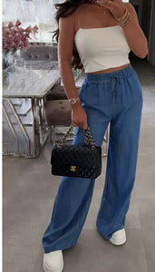 WIDE LEG POCKET DETAIL TROUSERS-BLUE