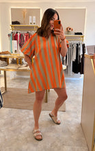 Load image into Gallery viewer, STRIPED DENIM PUFF SLEEVE DRESS - camel/orange
