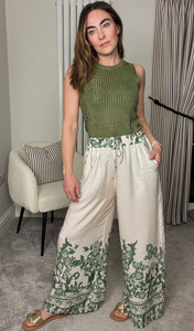 GREEN PATTERN WIDE LEG ELASTICATED WAIST TROUSERS