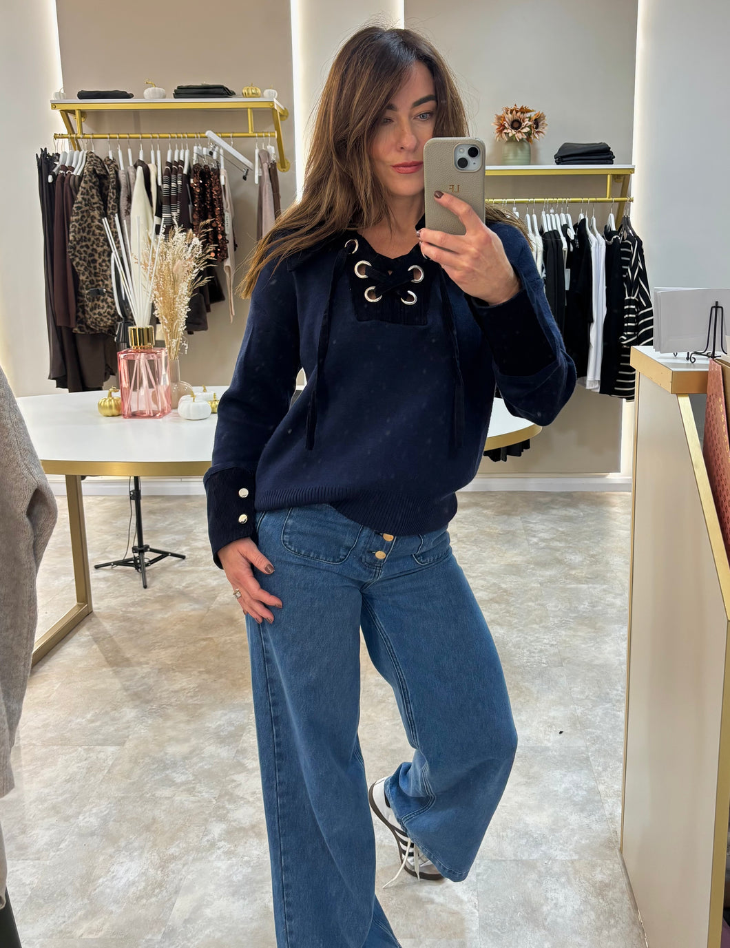 NAVY LACE UP COLLAR KNIT JUMPER