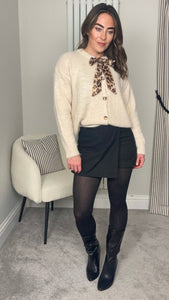 CREAM KNIT CARDIGAN WITH PRINT NECK TIE