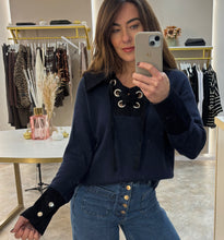 Load image into Gallery viewer, NAVY LACE UP COLLAR KNIT JUMPER
