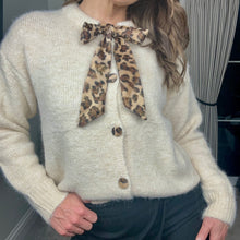 Load image into Gallery viewer, CREAM KNIT CARDIGAN WITH PRINT NECK TIE
