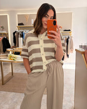 Load image into Gallery viewer, MOCHA STRIPE CROCHET KNIT SHIRT
