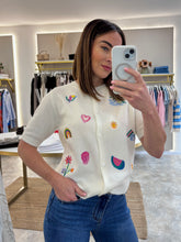 Load image into Gallery viewer, CREAM MOTIF EMBROIDERED SHORT SLEEVE CARDIGAN
