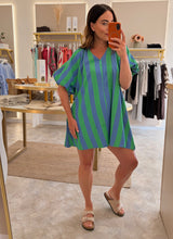 Load image into Gallery viewer, STRIPED DENIM PUFF SLEEVE DRESS -denim/green
